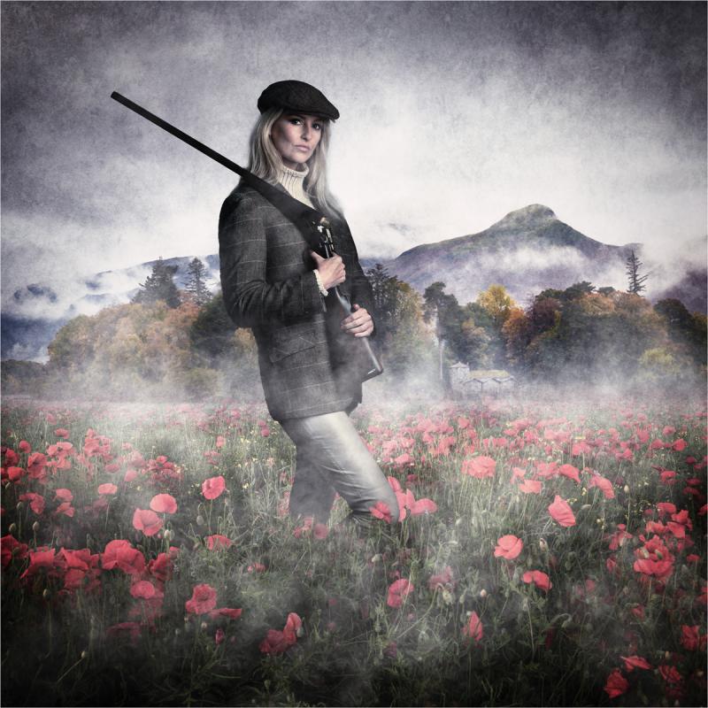 A composite image of people taken in the studio, background of Cumbria and a poppy field in Minworth.